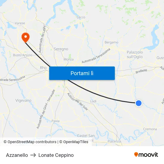 Azzanello to Lonate Ceppino map