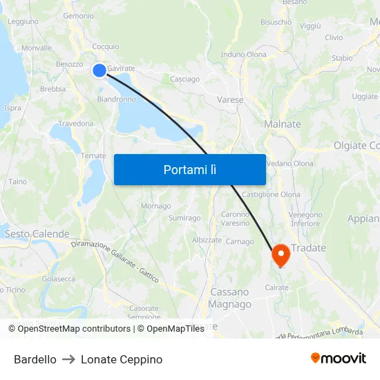 Bardello to Lonate Ceppino map