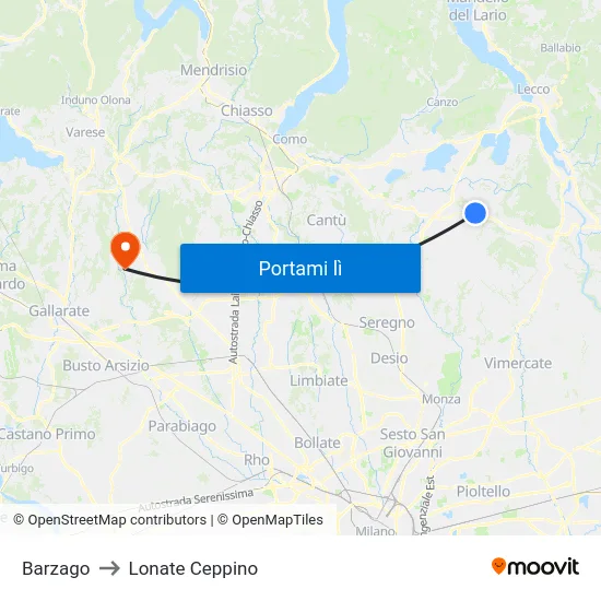 Barzago to Lonate Ceppino map