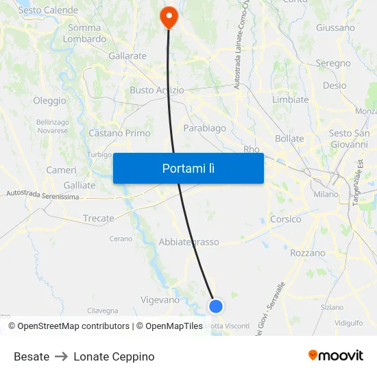 Besate to Lonate Ceppino map