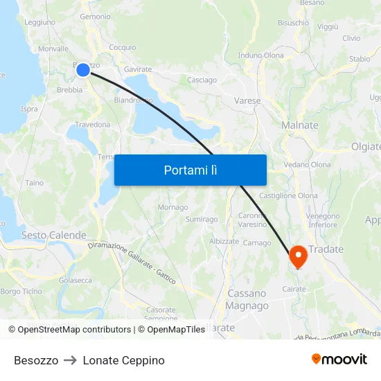 Besozzo to Lonate Ceppino map