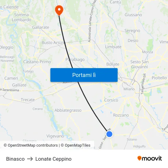Binasco to Lonate Ceppino map