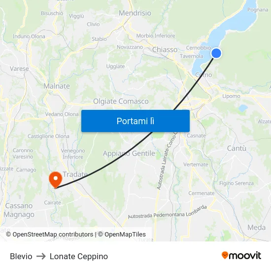 Blevio to Lonate Ceppino map