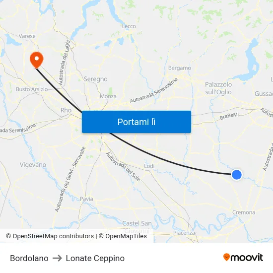 Bordolano to Lonate Ceppino map