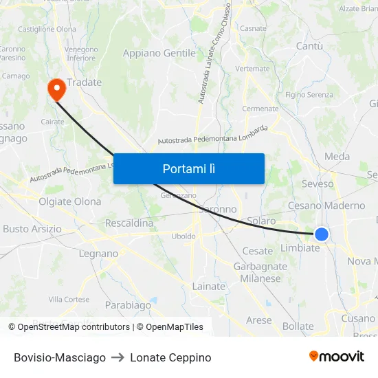 Bovisio-Masciago to Lonate Ceppino map