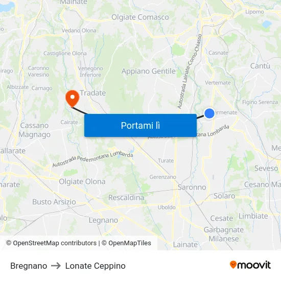 Bregnano to Lonate Ceppino map
