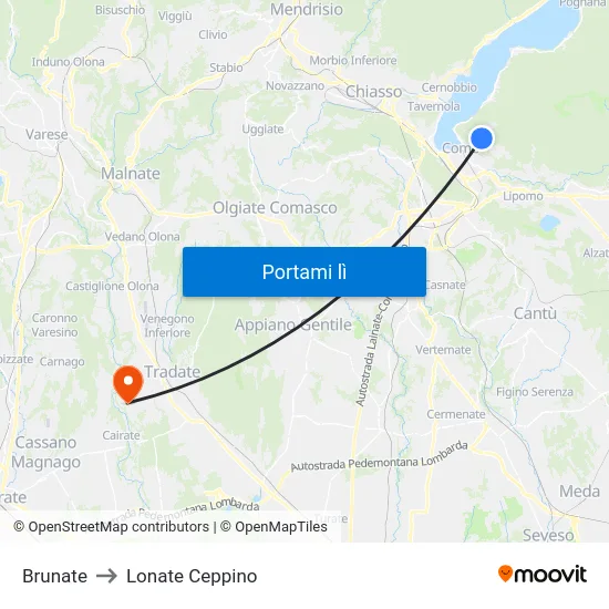 Brunate to Lonate Ceppino map