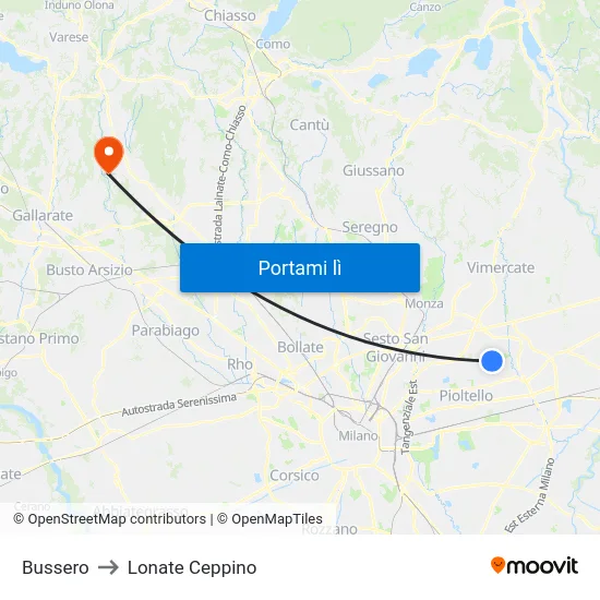 Bussero to Lonate Ceppino map