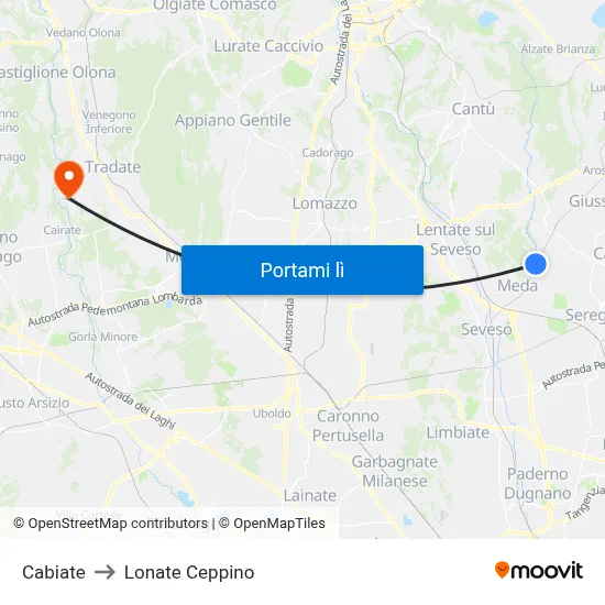 Cabiate to Lonate Ceppino map