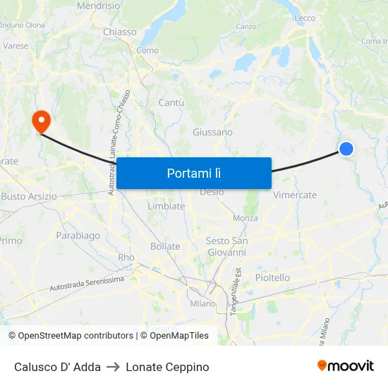 Calusco D' Adda to Lonate Ceppino map