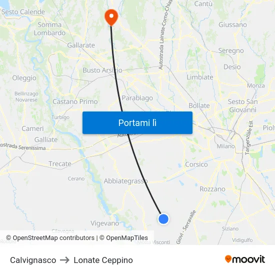 Calvignasco to Lonate Ceppino map
