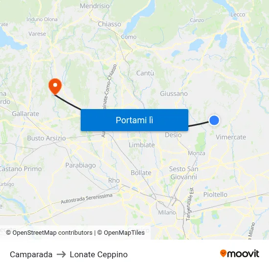 Camparada to Lonate Ceppino map