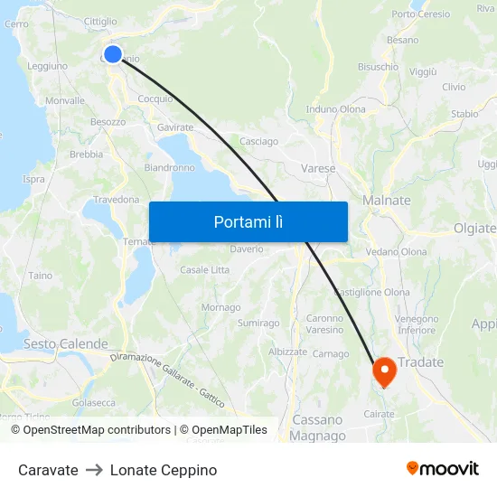 Caravate to Lonate Ceppino map