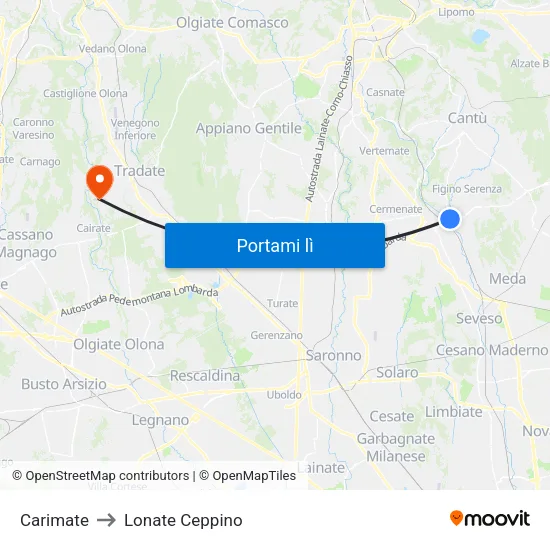 Carimate to Lonate Ceppino map