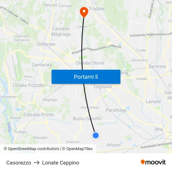 Casorezzo to Lonate Ceppino map