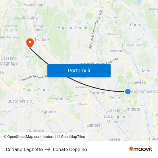 Ceriano Laghetto to Lonate Ceppino map