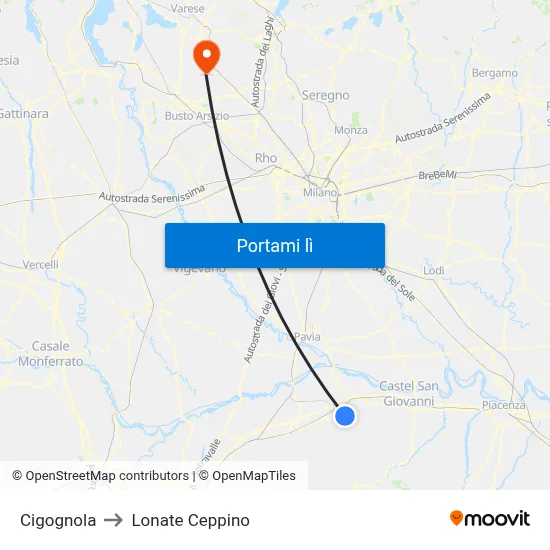 Cigognola to Lonate Ceppino map
