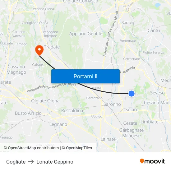 Cogliate to Lonate Ceppino map