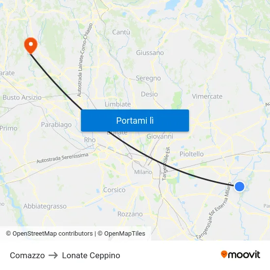 Comazzo to Lonate Ceppino map