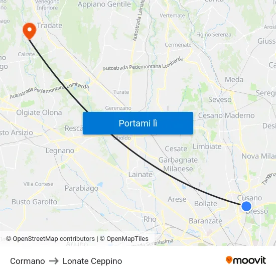 Cormano to Lonate Ceppino map