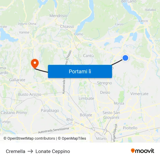 Cremella to Lonate Ceppino map
