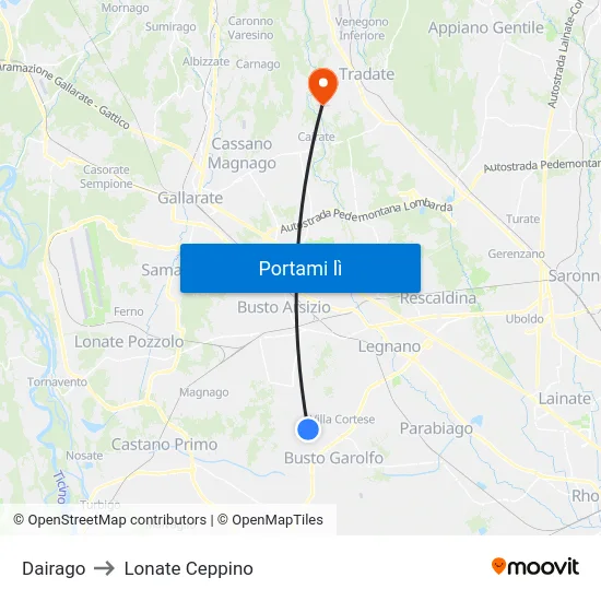 Dairago to Lonate Ceppino map