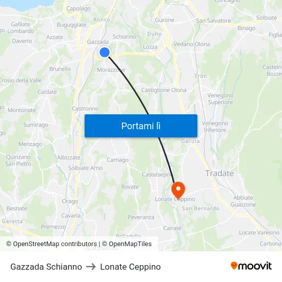 Gazzada Schianno to Lonate Ceppino map