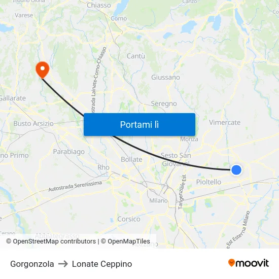 Gorgonzola to Lonate Ceppino map