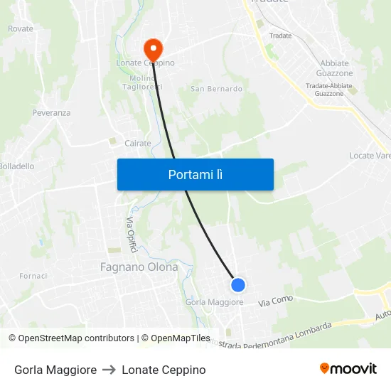 Gorla Maggiore to Lonate Ceppino map