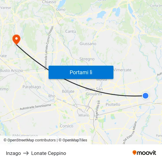 Inzago to Lonate Ceppino map