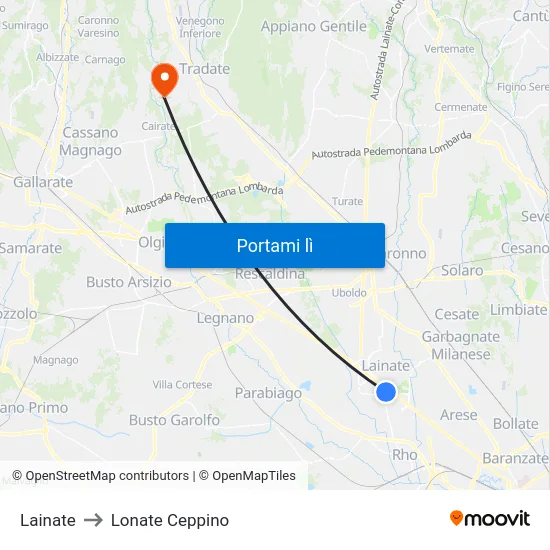 Lainate to Lonate Ceppino map