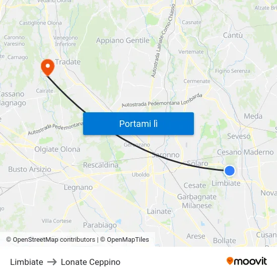 Limbiate to Lonate Ceppino map