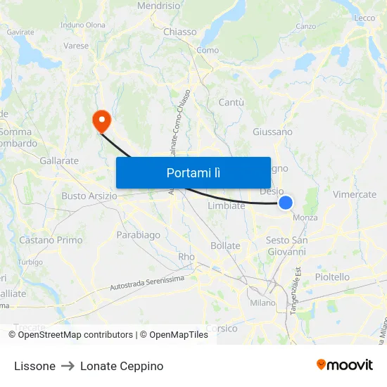 Lissone to Lonate Ceppino map
