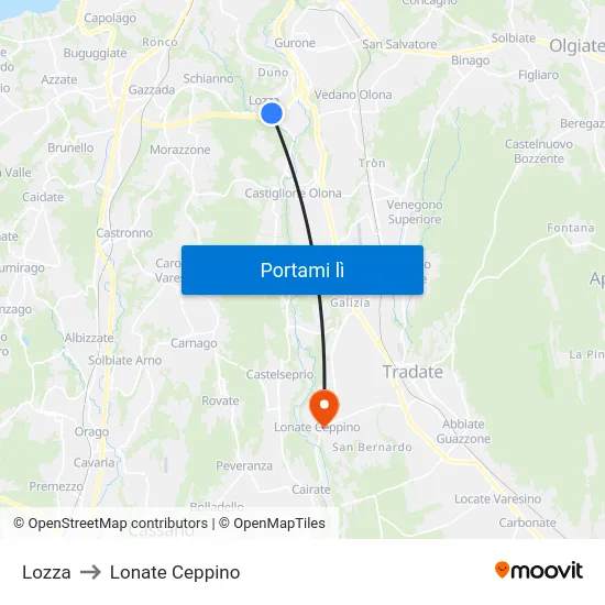 Lozza to Lonate Ceppino map