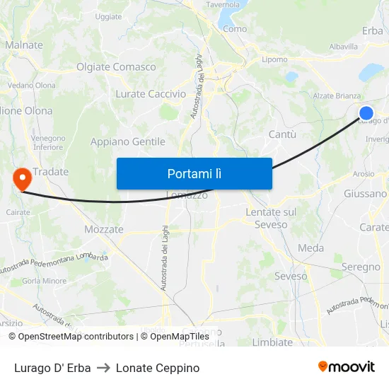 Lurago D' Erba to Lonate Ceppino map