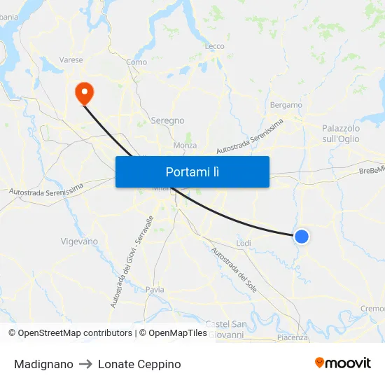 Madignano to Lonate Ceppino map