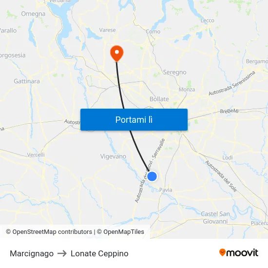 Marcignago to Lonate Ceppino map