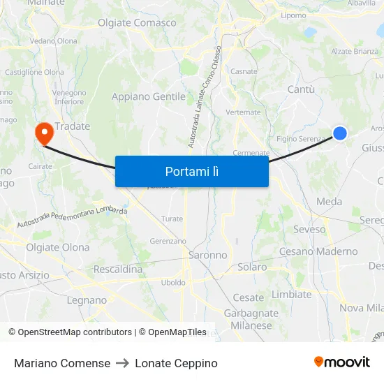 Mariano Comense to Lonate Ceppino map
