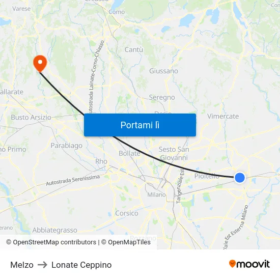 Melzo to Lonate Ceppino map