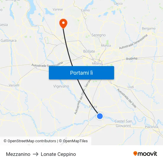 Mezzanino to Lonate Ceppino map