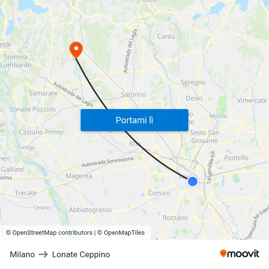 Milano to Lonate Ceppino map
