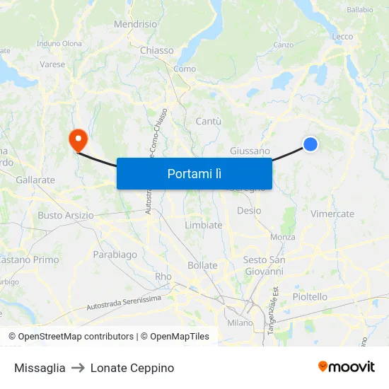 Missaglia to Lonate Ceppino map