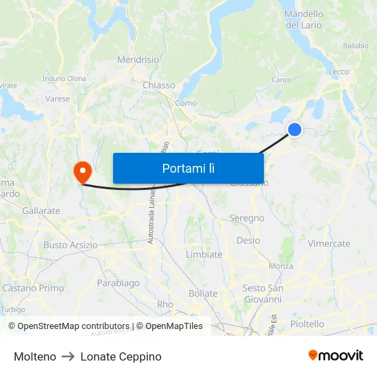 Molteno to Lonate Ceppino map