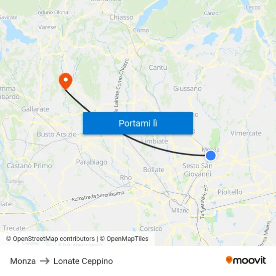 Monza to Lonate Ceppino map