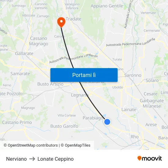Nerviano to Lonate Ceppino map