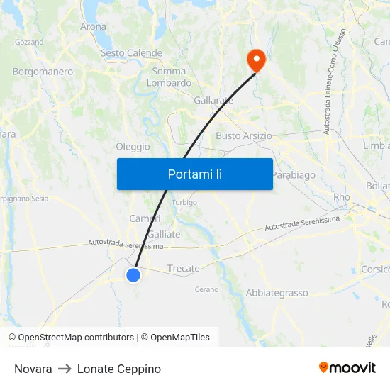 Novara to Lonate Ceppino map