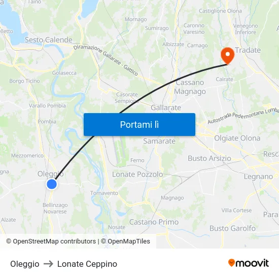 Oleggio to Lonate Ceppino map