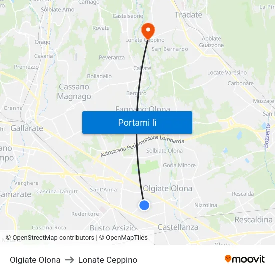 Olgiate Olona to Lonate Ceppino map