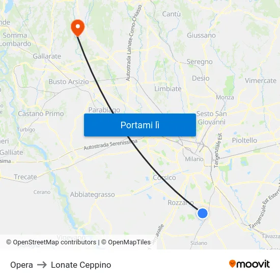 Opera to Lonate Ceppino map