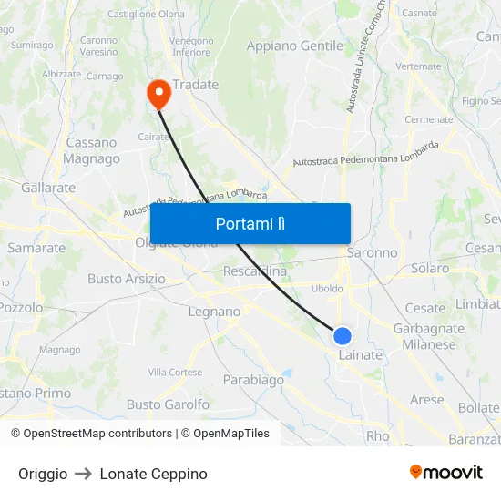 Origgio to Lonate Ceppino map